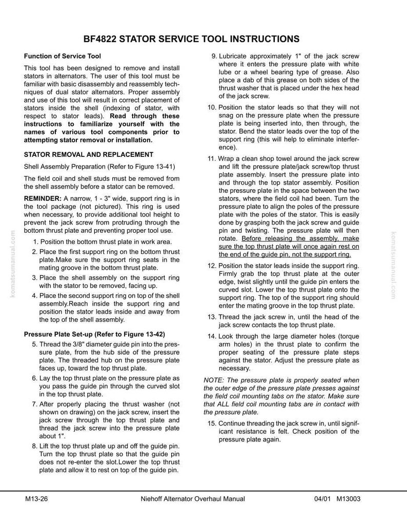 K&ouml;nnte beinhalten: Eine Seite aus dem Niehoff-Handbuch zur &Uuml;berholung von Lichtmaschinen mit Anweisungen f&uuml;r das Stator-Service-Werkzeug. Der Text enth&auml;lt Schritte zum Aus- und Einbau des Stators mit Diagrammen und Notizen. Das Handbuch ist vom 04/01.