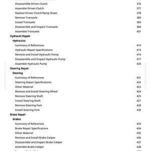 May include: A page from a repair manual detailing automotive repair procedures. The text lists tasks such as removing and installing components, with sections on hydraulics, steering, and brakes, and page numbers.