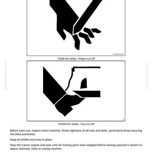 May include: A safety manual page with the title "Operate Mower Safely". It features two black and white illustrations warning of potential injuries. The first shows a hand being cut by a blade, and the second shows a foot being cut.