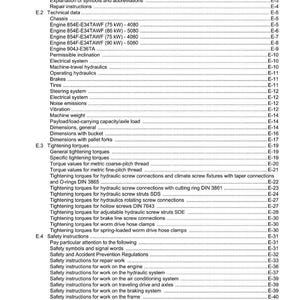 Peut inclure: Une page d'un manuel de service Weidemann, pr&eacute;sentant une table des mati&egrave;res avec des donn&eacute;es techniques et des consignes de s&eacute;curit&eacute;. Le document traite des moteurs, des freins et des syst&egrave;mes &eacute;lectriques.