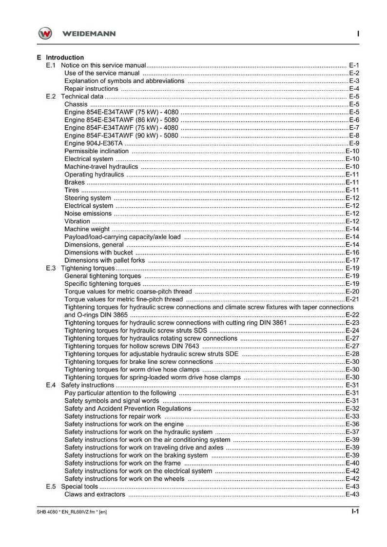 Peut inclure: Une page d'un manuel de service Weidemann, pr&eacute;sentant une table des mati&egrave;res avec des donn&eacute;es techniques et des consignes de s&eacute;curit&eacute;. Le document traite des moteurs, des freins et des syst&egrave;mes &eacute;lectriques.