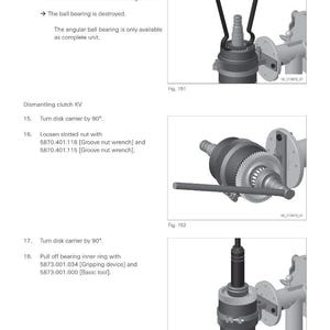 May include: Technical diagram showing the dismantling of a mechanical component. The images depict tools and parts, including a pry bar, slotted nut, and gripping device. Text provides step-by-step instructions for the process.