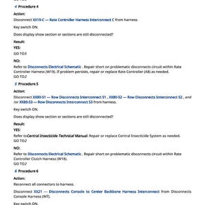 May include: A white document with black text detailing procedures for disconnecting and reconnecting various harness interconnects. The document includes steps, results, and references to schematics and manuals.