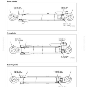 K&ouml;nnte beinhalten: Diagramm der Hydraulikzylinder f&uuml;r einen Bagger, einschlie&szlig;lich Ausleger-, Arm- und L&ouml;ffelzylindern. Jeder Zylinder ist mit Messungen in Nm und kgm beschriftet und enth&auml;lt Teilenummern. Das Bild stammt aus einem Wartungshandbuch.