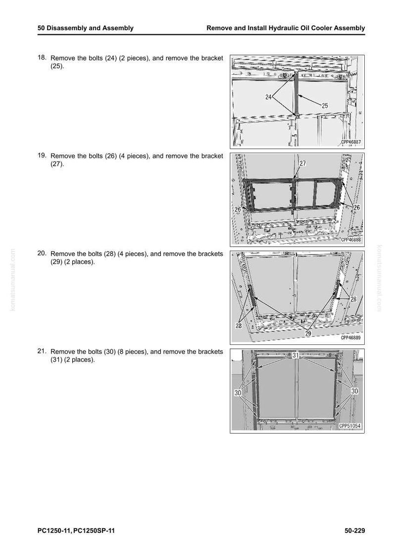 May include: Diagram illustrating the disassembly and assembly of a hydraulic oil cooler. The image shows step-by-step instructions with numbered bolts and brackets, including bolt (24), bracket (25), bolt (26), bracket (27), bolt (28), bracket (29), bolt (30), and bracket (31).