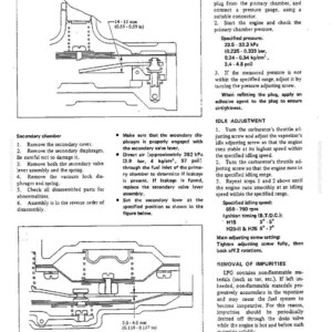 Puede incluir: Diagrama de un carburador con piezas etiquetadas y medidas en mil&iacute;metros. Incluye instrucciones para la inspecci&oacute;n de presi&oacute;n, ajuste de ralent&iacute; y eliminaci&oacute;n de impurezas. El texto incluye "C&aacute;mara secundaria" e "Inspecci&oacute;n de presi&oacute;n".