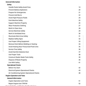 May include: A manual page titled 'Table of Contents' detailing safety and operational topics. The text is black on white. Sections include safety, engine operation, and fuel systems, with page numbers on the right.