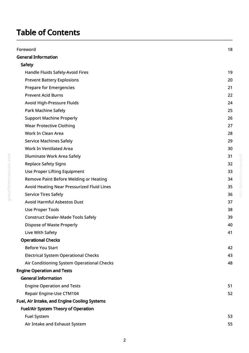 May include: A manual page titled 'Table of Contents' detailing safety and operational topics. The text is black on white. Sections include safety, engine operation, and fuel systems, with page numbers on the right.