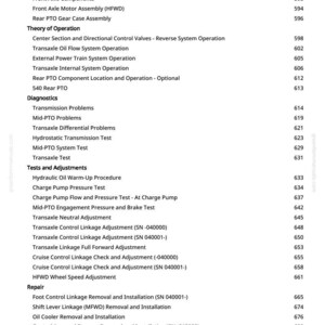 May include: A white page with a detailed table of contents, listing various mechanical procedures and tests. The text includes terms like "Transaxle," "Hydraulic Oil," and "Cruise Control," with corresponding page numbers.