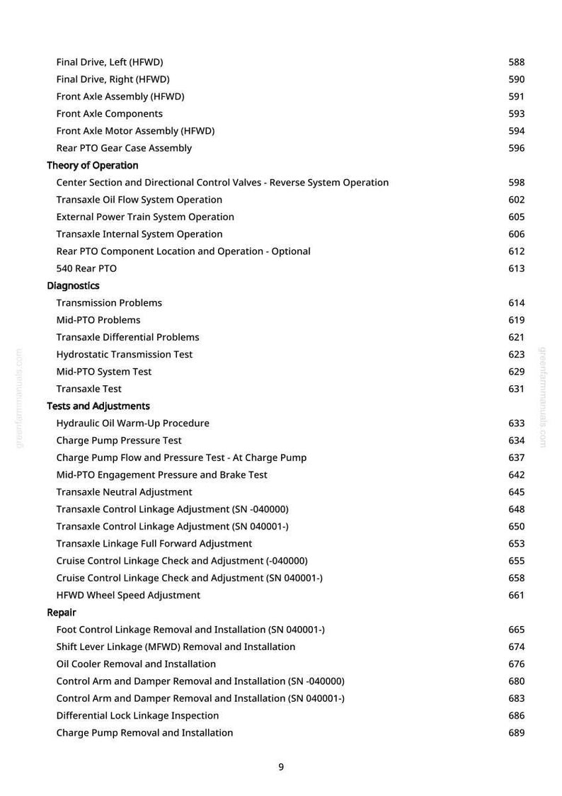 May include: A white page with a detailed table of contents, listing various mechanical procedures and tests. The text includes terms like "Transaxle," "Hydraulic Oil," and "Cruise Control," with corresponding page numbers.