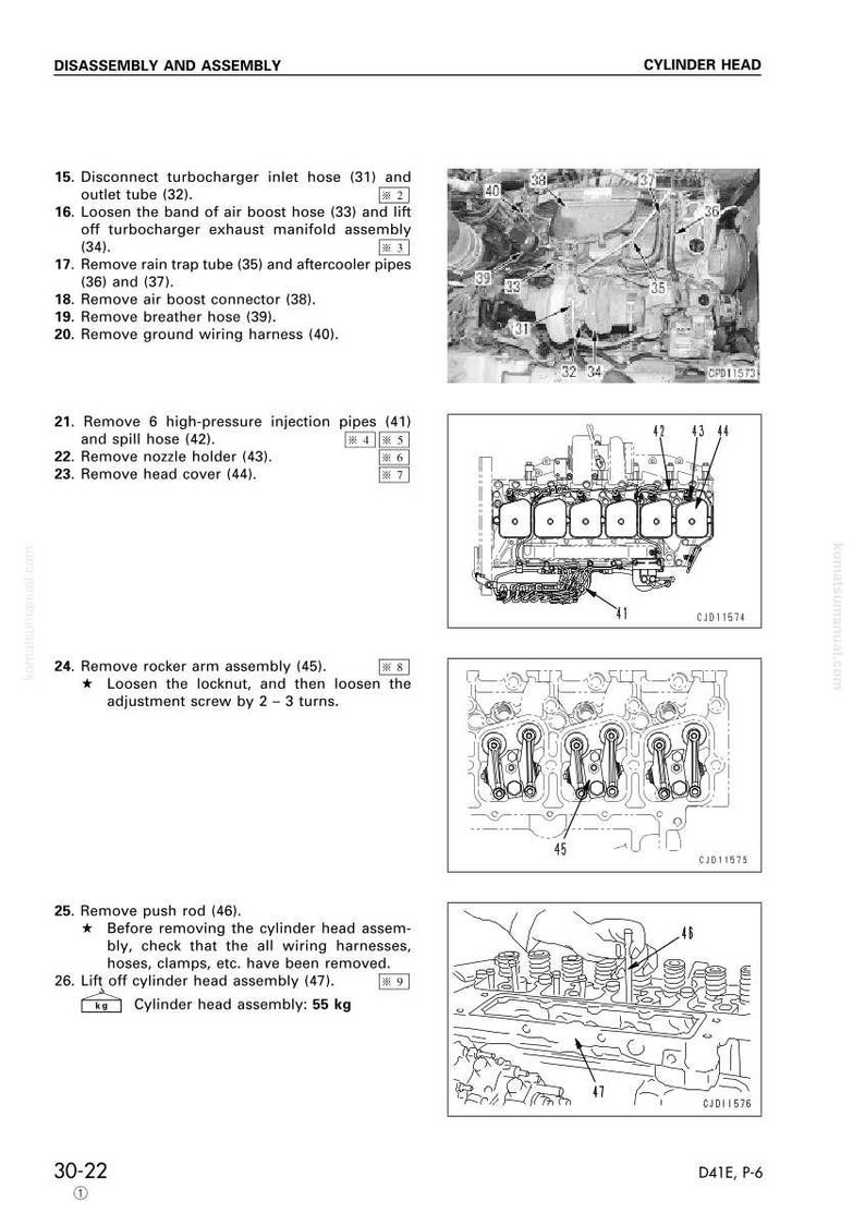 May include: A technical diagram detailing the disassembly and assembly of a cylinder head. The image includes numbered steps, diagrams of engine components, and a note on the cylinder head assembly weight of 55 kg.