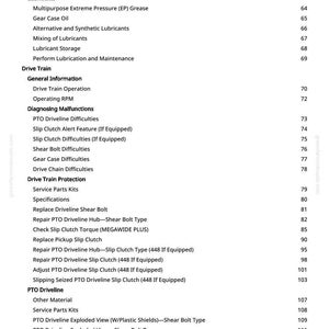 May include: A white-background page from a manual with a table of contents. The text includes "Service Recommendations," "Lubricants," "Drive Train," and "PTO Driveline." Page numbers are listed on the right.
