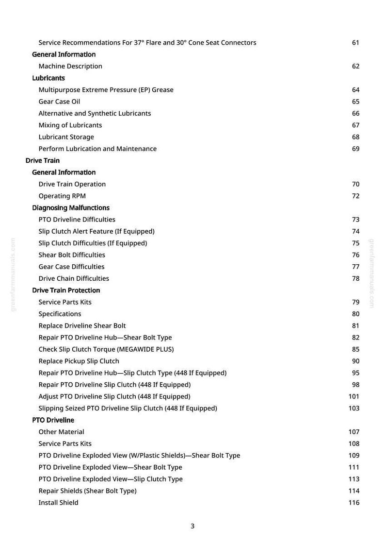May include: A white-background page from a manual with a table of contents. The text includes "Service Recommendations," "Lubricants," "Drive Train," and "PTO Driveline." Page numbers are listed on the right.