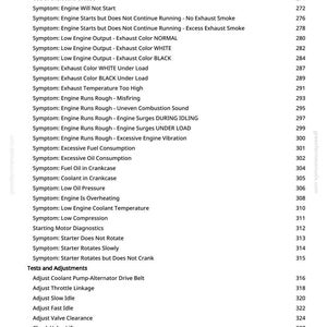 May include: A page from a manual with a list of automotive diagnostic tests and adjustments. The text includes symptoms like "Engine Will Not Start" and "Low Oil Pressure," along with page numbers.