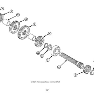 May include: An exploded diagram of a driven shaft assembly, featuring various gears, bearings, and retaining rings. The black and white illustration includes labeled components, providing a detailed view of the mechanical parts.