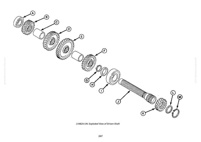 May include: An exploded diagram of a driven shaft assembly, featuring various gears, bearings, and retaining rings. The black and white illustration includes labeled components, providing a detailed view of the mechanical parts.