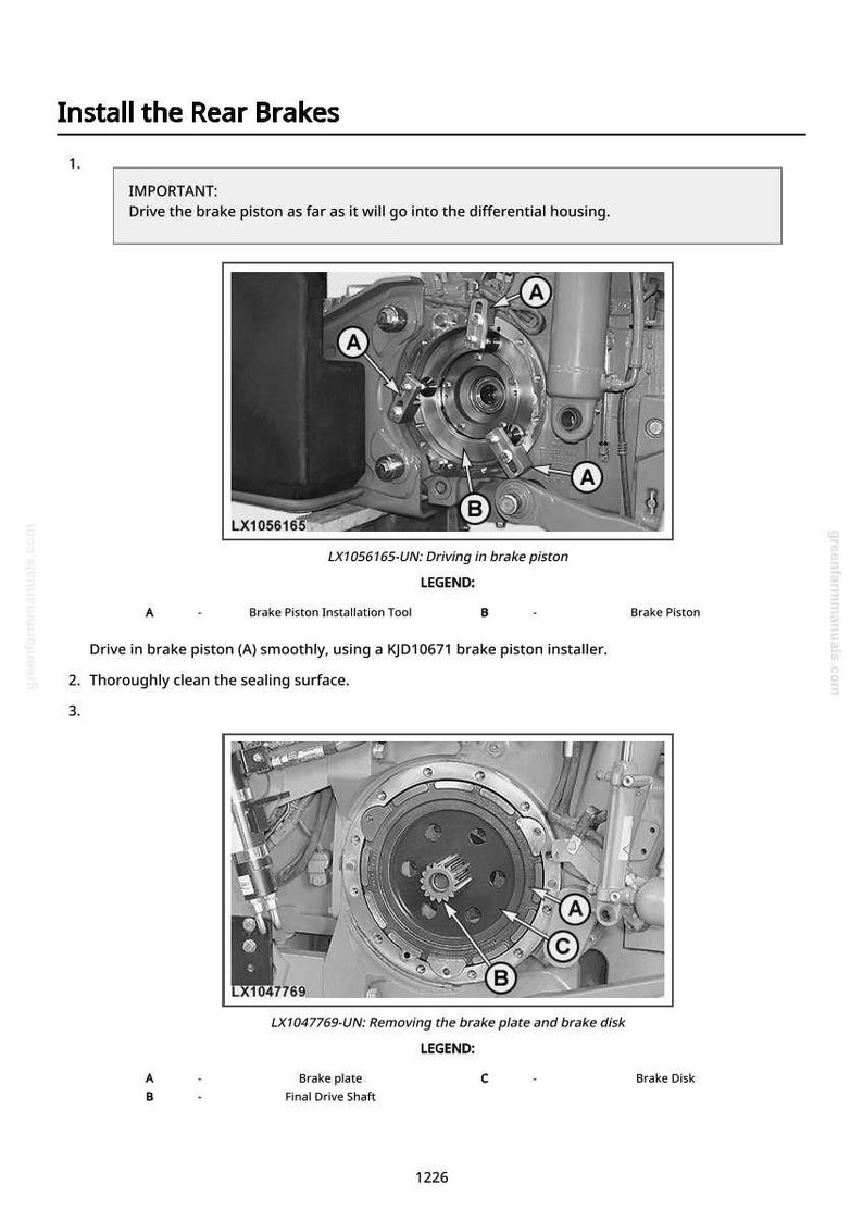 K&ouml;nnte beinhalten: Diagramm zur Installation der Hinterradbremsen mit detaillierten Ansichten der Bremskomponenten. Enth&auml;lt Beschriftungen f&uuml;r das Bremssattel-Einbauwerkzeug, die Bremsplatte und die Endantriebswelle. Textanweisungen sind ebenfalls enthalten.