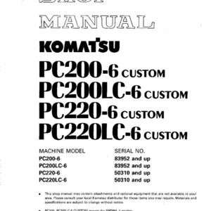 K&ouml;nnte beinhalten: Ein Komatsu-Werkstatthandbuch mit dem Text "SHOP MANUAL" und dem Komatsu-Logo. Es listet die Maschinenmodelle PC200-6, PC200LC-6, PC220-6 und PC220LC-6 sowie die Seriennummern auf. Copyright 1997.