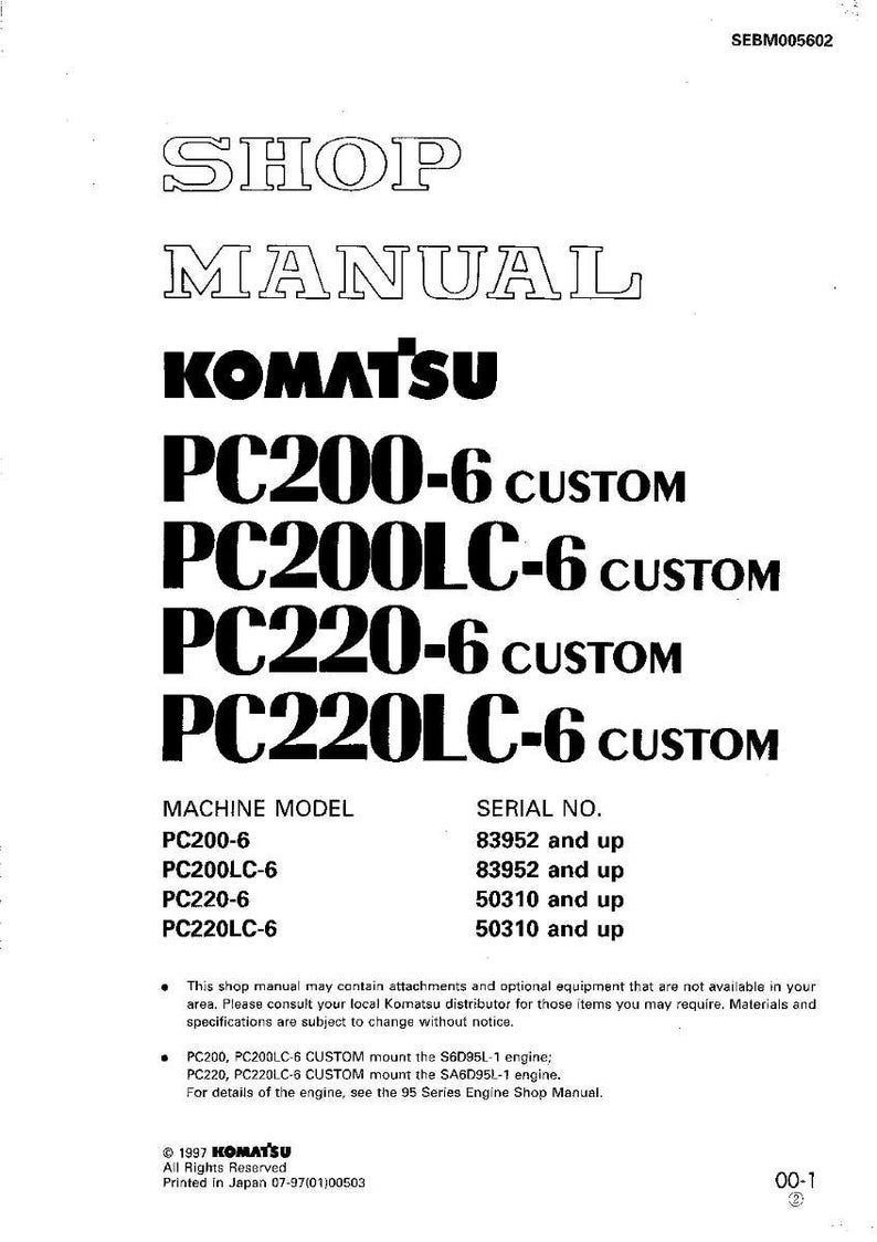 K&ouml;nnte beinhalten: Ein Komatsu-Werkstatthandbuch mit dem Text "SHOP MANUAL" und dem Komatsu-Logo. Es listet die Maschinenmodelle PC200-6, PC200LC-6, PC220-6 und PC220LC-6 sowie die Seriennummern auf. Copyright 1997.