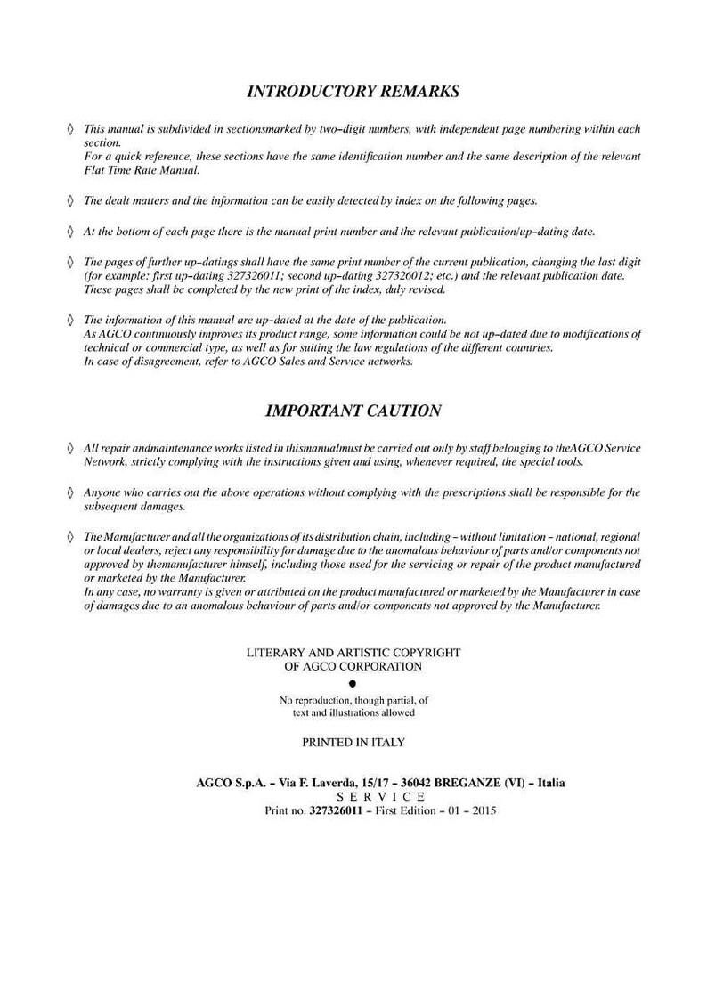 Puede incluir: Un manual impreso con los t&iacute;tulos &laquo;INTRODUCTORY REMARKS&raquo; y &laquo;IMPORTANT CAUTION&raquo;. El texto est&aacute; en fuente negra sobre fondo blanco. El documento incluye informaci&oacute;n sobre la estructura, las actualizaciones y las precauciones de seguridad del manual.