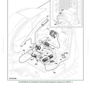 May include: Diagram of an air conditioner harness with various components labeled. The image includes a detailed view of the air conditioning system, with components like the compressor, condenser, and associated wiring.