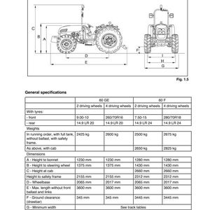 Op de afbeelding: Diagram van een tractor met afmetingen en specificaties. De afbeelding bevat zij- en vooraanzichten, met metingen in millimeters voor hoogte, wielbasis en lengte. De tekst bevat modelnummers en bandenmaten.