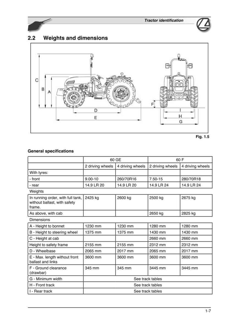 Op de afbeelding: Diagram van een tractor met afmetingen en specificaties. De afbeelding bevat zij- en vooraanzichten, met metingen in millimeters voor hoogte, wielbasis en lengte. De tekst bevat modelnummers en bandenmaten.