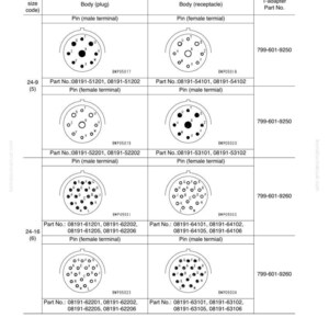 May include: A troubleshooting guide with a connection table for connector pin numbers. The table shows diagrams of HD30 series connectors, including body plugs and receptacles, with pin configurations and part numbers.