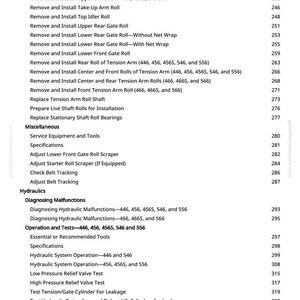 May include: A detailed list of service and repair procedures for agricultural machinery, including topics like idler rolls, gate rolls, and hydraulic system operation. The text is in black font on a white background, with page numbers on the right.