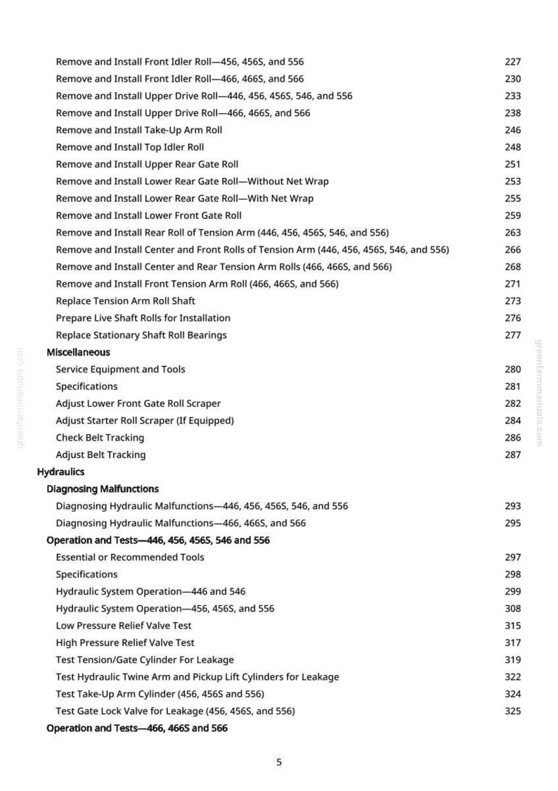 May include: A detailed list of service and repair procedures for agricultural machinery, including topics like idler rolls, gate rolls, and hydraulic system operation. The text is in black font on a white background, with page numbers on the right.