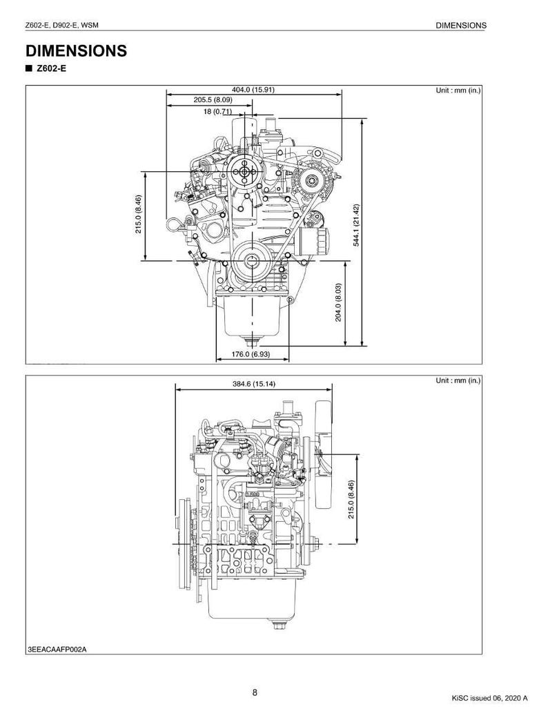 May include: Diagram of a Z602-E engine with dimensions in inches and millimeters. The diagram shows two views of the engine, with measurements including 15.91 inches in width and 21.42 inches in height. Text includes "DIMENSIONS" and "Z602-E".
