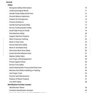 May include: A white page from a manual, titled "Table of Contents". It lists safety topics including "Handle Fluids Safely-Avoid Fires" and "Prevent Battery Explosions". Page numbers are shown on the right-hand side.