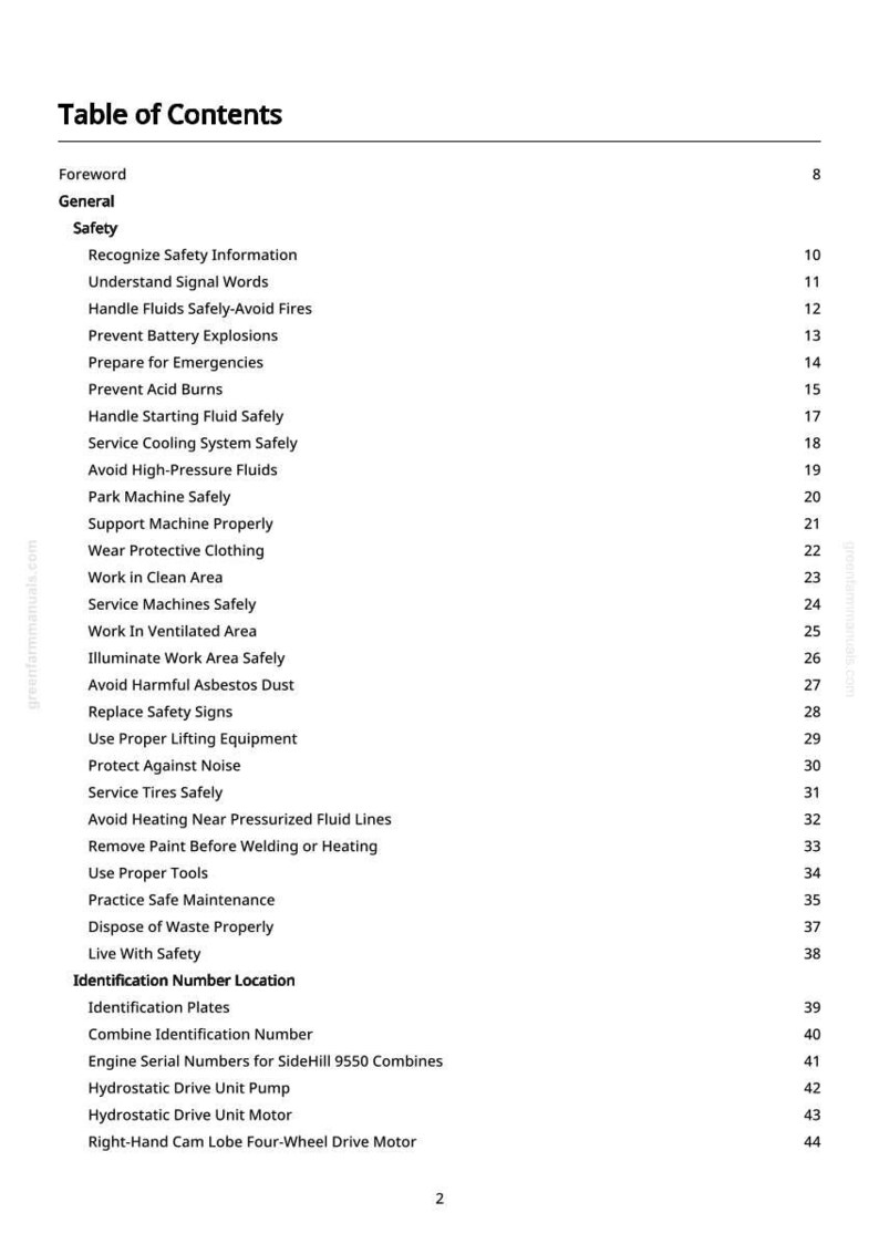 May include: A white page from a manual, titled "Table of Contents". It lists safety topics including "Handle Fluids Safely-Avoid Fires" and "Prevent Battery Explosions". Page numbers are shown on the right-hand side.