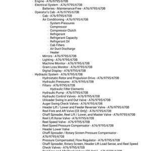 Puede incluir: Una lista detallada de componentes y sistemas para una m&aacute;quina, incluyendo Straw Chopper, Straw Spreader, Engine, Hydraulic System, y m&aacute;s. Texto en negro sobre fondo blanco.