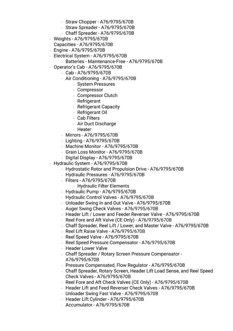 Puede incluir: Una lista detallada de componentes y sistemas para una m&aacute;quina, incluyendo Straw Chopper, Straw Spreader, Engine, Hydraulic System, y m&aacute;s. Texto en negro sobre fondo blanco.