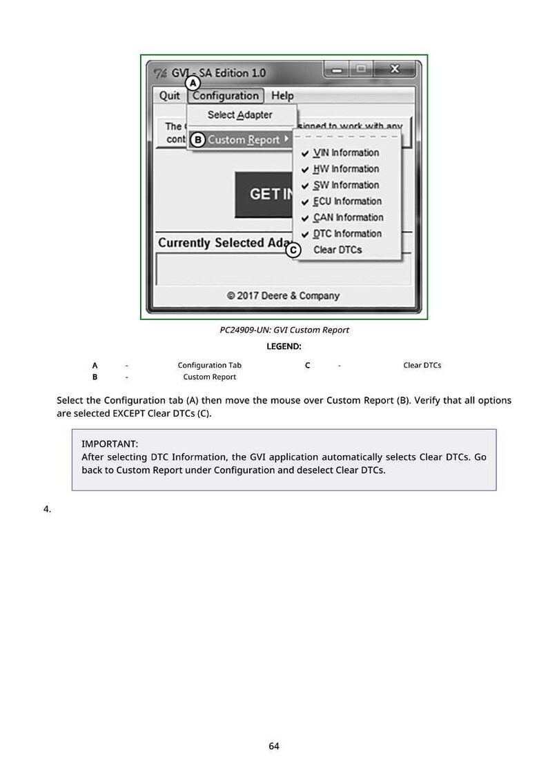May include: A screenshot of a software interface, featuring a window with options like "Configuration" and "Custom Report." The interface includes checkboxes for various information types and instructions for use. The text "&copy; 2017 Deere & Company" is visible.