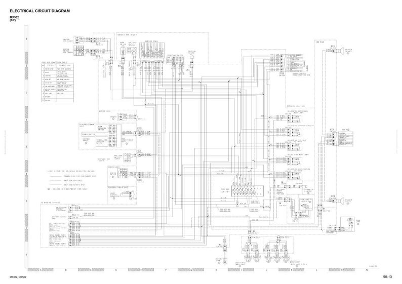 Puede incluir: Un diagrama de circuito el&eacute;ctrico detallado, etiquetado como "ELECTRICAL CIRCUIT DIAGRAM", con numerosas l&iacute;neas, s&iacute;mbolos y cuadros de texto. El diagrama es en blanco y negro, con una cuadr&iacute;cula de referencia. El n&uacute;mero de modelo es MX302 (1/2).