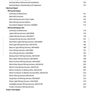 May include: A manual page detailing electrical and powertrain repair topics. The contents list wiring harnesses, lights, and other components, with corresponding page numbers for reference.