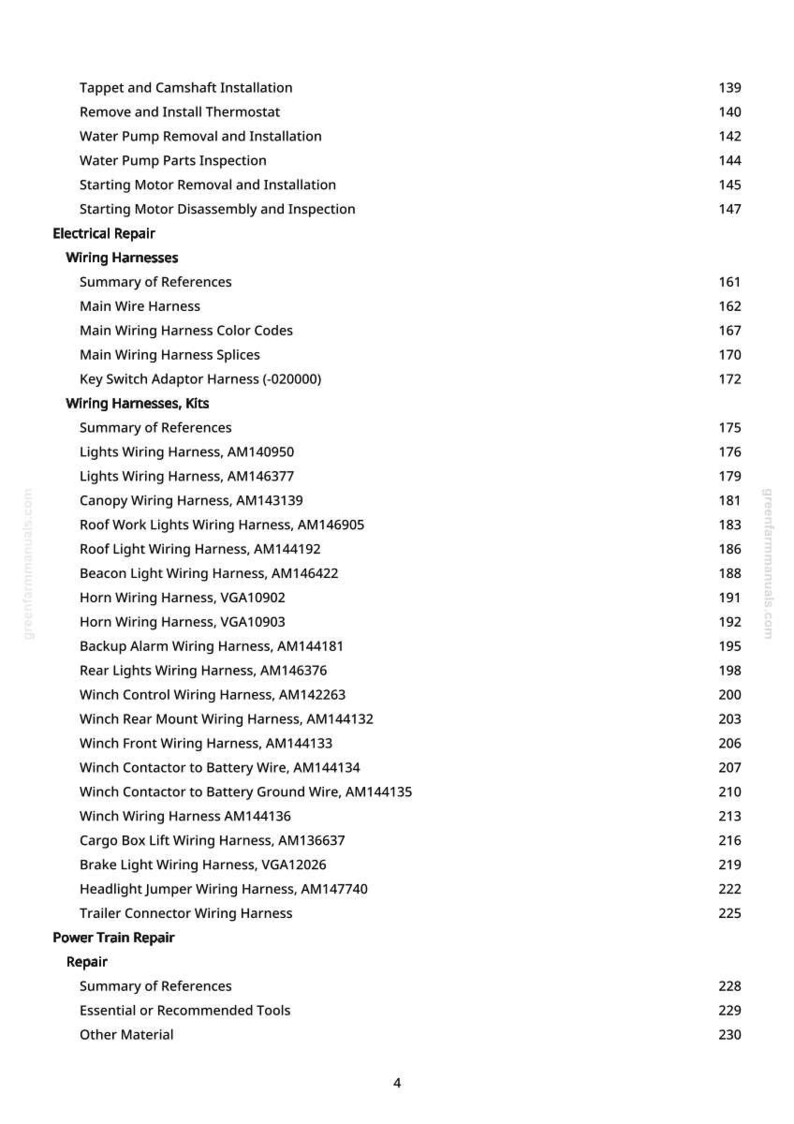 May include: A manual page detailing electrical and powertrain repair topics. The contents list wiring harnesses, lights, and other components, with corresponding page numbers for reference.