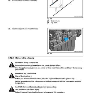 May include: Image from an engine maintenance manual. It shows a dipstick with top and bottom marks, and an engine component. Text provides warnings about heavy and hot components, and the need for personal protective equipment.
