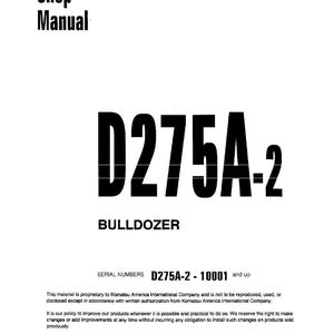 K&ouml;nnte beinhalten: Ein wei&szlig;er Handbucheinband mit dem Text "Shop Manual" in Schwarz. Der Einband zeigt den fetten Text "D275A-2" und "BULLDOZER". Enth&auml;lt Seriennummern und Copyright-Informationen.
