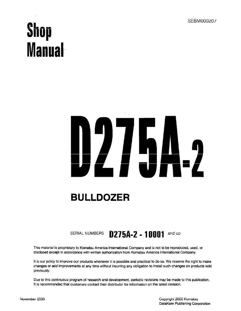 K&ouml;nnte beinhalten: Ein wei&szlig;er Handbucheinband mit dem Text "Shop Manual" in Schwarz. Der Einband zeigt den fetten Text "D275A-2" und "BULLDOZER". Enth&auml;lt Seriennummern und Copyright-Informationen.