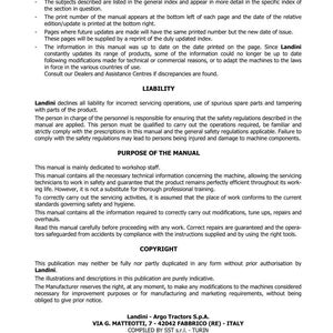 May include: A page from a Landini Landpower II tractor manual. The text includes an introduction, liability information, and the purpose of the manual. The manual is for workshop staff and contains technical information.