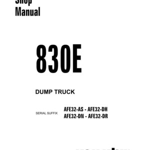 May include: A white Shop Manual cover with the text "830E DUMP TRUCK" in bold black font. The Komatsu logo is at the bottom. Serial suffix information is also included.
