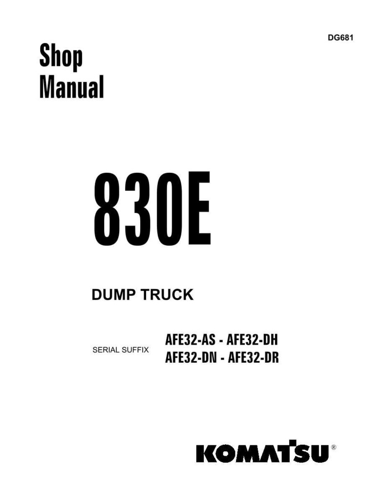 May include: A white Shop Manual cover with the text "830E DUMP TRUCK" in bold black font. The Komatsu logo is at the bottom. Serial suffix information is also included.