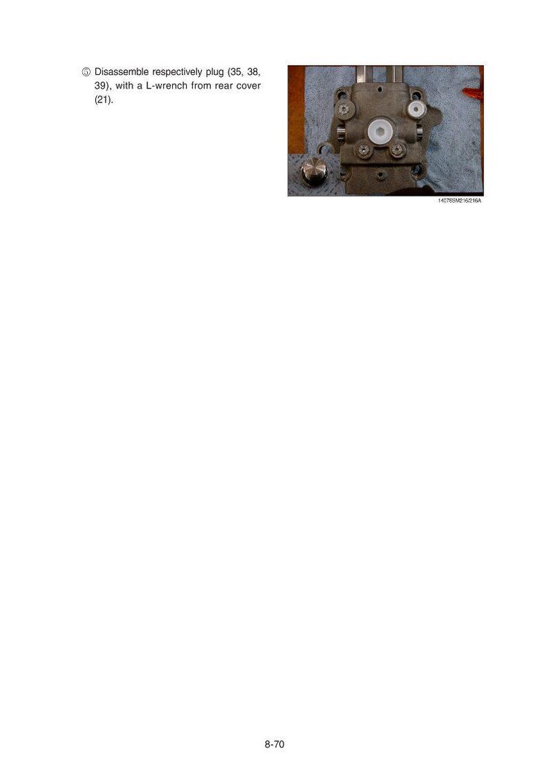 May include: A detailed image of a mechanical component, featuring a complex arrangement of metal parts, screws, and circular elements. The text instructs to disassemble plugs with an L-wrench. The component rests on a blue cloth.
