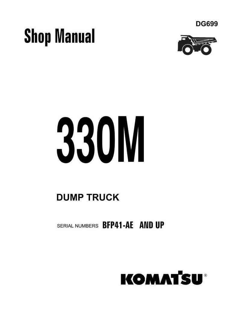 May include: A white shop manual cover with black text and a black illustration of a dump truck. The text reads "Shop Manual", "330M", and "DUMP TRUCK". The Komatsu logo is at the bottom.