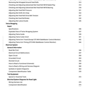 May include: A detailed table of contents from a manual, with a white background and black text. The document lists various topics related to machinery maintenance, including net guides, feed rolls, twine wrapping, and electrical systems.