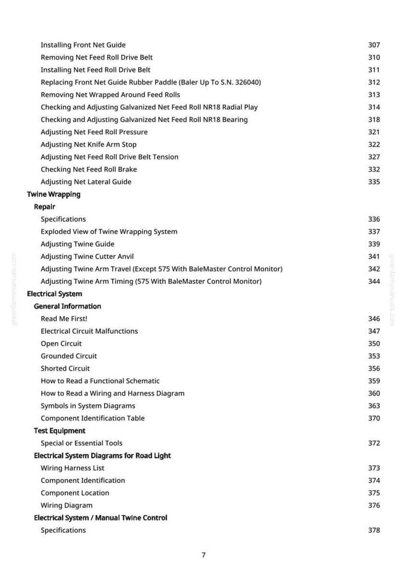 May include: A detailed table of contents from a manual, with a white background and black text. The document lists various topics related to machinery maintenance, including net guides, feed rolls, twine wrapping, and electrical systems.