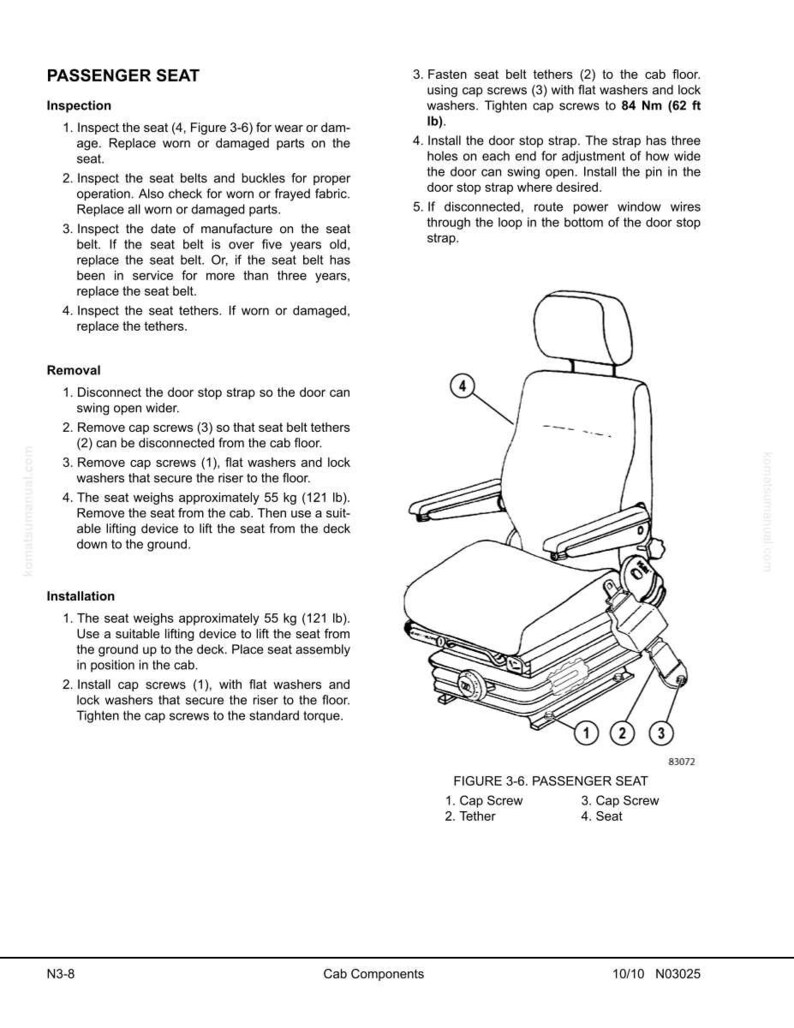 May include: Diagram of a passenger seat with numbered components and instructions for inspection, removal, and installation. The seat weighs approximately 121 lb. The diagram includes a seat, cap screws, and tethers.